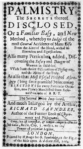 Frontispice de La Chiromancie, les secrets révélés par Richard Saunders, 1664