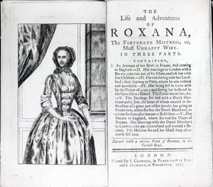 Frontispice de Roxana, La Maîtresse Fortunée de Daniel Defoe, édition publiée en 1765 - English School