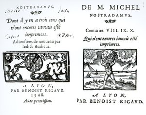 Frontispice des Prophéties de M. Michel Nostradamus, pub. par Benoist Rigaud, 1568 - English School