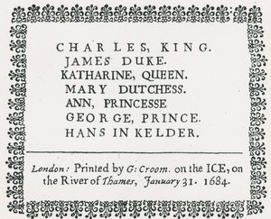 Foire sur la glace sur la Tamise, souvenir imprimé pour le roi Charles II et sa famille, 1684 - English School