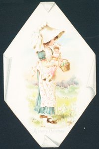 Fille portant une poupée et un panier, Carte de Noël