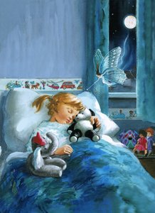Fille au lit assistée par une fée