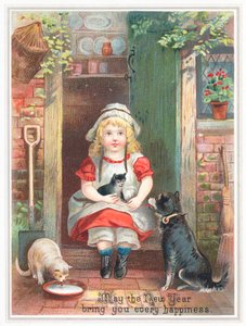 Fille assise sur le seuil avec des animaux de compagnie, carte de Nouvel An - English School