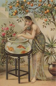 Fille taquinant des poissons rouges avec une plume de paon - English School