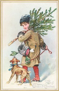 Fille avec chien portant un sapin de Noël, Carte de Noël - English School