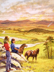 Filles et poneys regardant la campagne (gouache sur papier) - English School