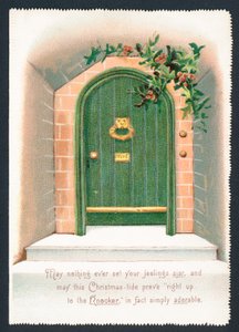 Porte verte entourée de houx, carte de Noël