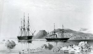 HMS Assistance remorquée par Pioneer passant John Harrow Mount, North Wellington Channel en 1853 - English School