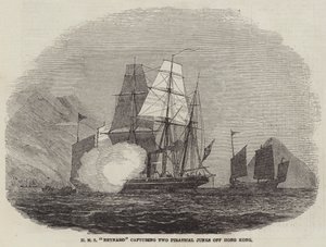 HMS "Reynard" capturant deux jonques pirates au large de Hong Kong (gravure)