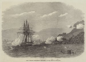 HMS Rinaldo bombardant Salangore, dans le détroit de Malacca (gravure) - English School