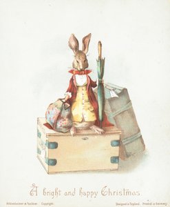 Lièvre avec bagages et parapluie, Carte de Noël - English School