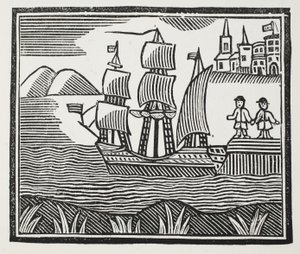 Il prend la mer pour son voyage événementiel, illustration de Chap-books du XVIIIe siècle par John Ashton, pub. 1882