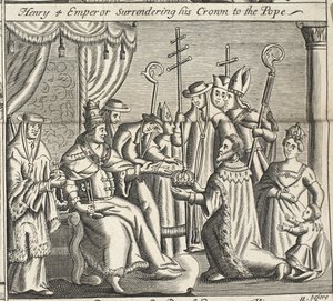 Henri IV empereur remettant sa couronne au pape, illustration des Actes et Monuments de John Foxe, neuvième édition, pub. 1684 - English School