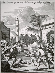 Henry Morgan capture et pille la ville de Puerto de Principe, Cuba, en 1668, illustration de 