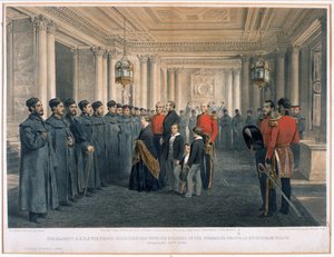 Sa Majesté la reine Victoria (1819-1901) et S.A.R. le prince Albert (1819-61) inspectant les soldats blessés des Grenadier Guards au palais de Buckingham, 1855 - English School