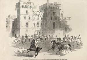 Sa Majesté et ses illustres visiteurs et suite quittant le château de Windsor pour les courses d