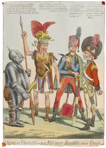 Héros en Conseil - ou une querelle militaire sur la tenue, vers 1820 (gravure en couleur) - English School
