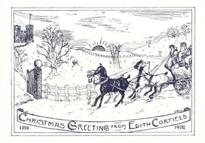 Cheval et calèche voyageant vers le château, Carte de Noël - English School