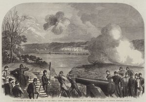 Illustrations de la guerre en Amérique, la batterie de Howlett sur la rivière James engageant les moniteurs fédéraux - English School