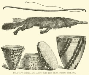 Arc indien, carquois et paniers en herbe, racine de Cyperus, etc.