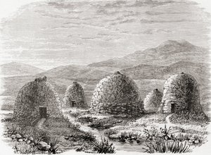 Huttes habitées à Uig, Île de Lewis dans les Hébrides extérieures en 1859, de 