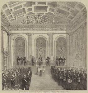 Installation du prince de Galles à Édimbourg en tant que patron des maçons écossais (gravure) - English School