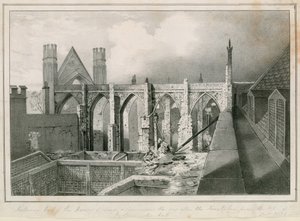 Vue intérieure des Chambres des Lords et des Communes le jour après les incendies prise du sommet de Westminster Hall - English School