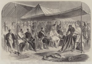 Entrevue à Sealkote, le 9 mars, entre le Maharajah Rumbeer Singh de Cachemire et Son Excellence Lord Canning (gravure)