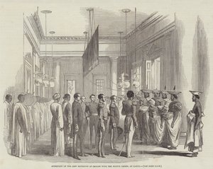 Entrevue du nouveau gouverneur de Ceylan avec les chefs natifs, à Kandy (gravure) - English School