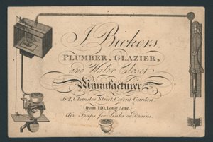 J Bickers, plombier, vitrier et fabricant de toilettes, 62 Chandos Street, Covent Garden, carte de visite