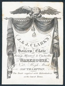 J & J Clarks, entrepôt de bonneterie, gants, franges, laine et parapluies, carte de visite - English School