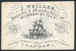 J Weiller, importateur et fabricant de plumes de Hambourg, 2 Tenter Street, carte de visite