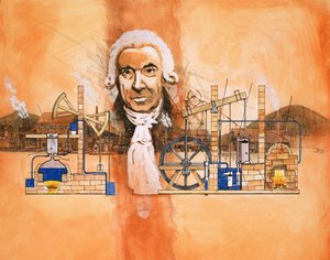 James Watt avec des fours et des pompes mécaniques en arrière-plan - English School