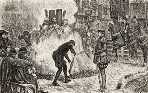 John Bland, John Frankesh, Nicholas Sheterden et Humphrey Middleton brûlés vifs pour hérésie au 16ème siècle, vers 1865 (gravure sur bois) - English School