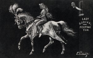 Lady Godiva chevauchant nue à travers les rues de Coventry, observée par un voyeur