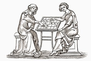 Dame et jeune homme jouant aux dames, ou aux échecs, au début du XIVe siècle, de 