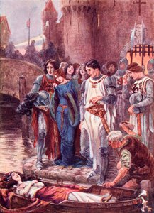 Lancelot regarde la Dame de Shalott morte à son arrivée à Camelot. Illustration en couleur du livre The Gateway to Tennyson publié en 1910.