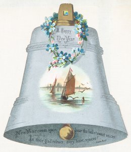 Grande cloche bleue avec image de bateau à voile, Carte de Nouvel An - English School