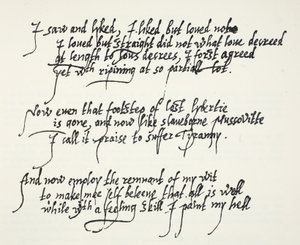 Dernières dix lignes du sonnet Astrophel de Sir Philip Sidney décrivant comment, progressivement et trop tard, il a réalisé ses propres sentiments pour Stella