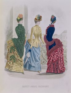 Dernières modes parisiennes, trois robes de jour dans une planche de mode de The Queen, mai 1885