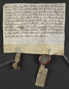 Acte en latin avec quitclaim en hébreu (joint au sceau), par Jacob ben Aaron cédant une terre à William le Briel. Angleterre