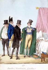 Sangsues, Messieurs, sangsues : dessin humoristique anglais sur un médecin sûr de lui, avec un malade