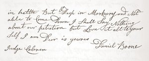 Lettre de Daniel Boone au juge John Cobren, originale datée du 5 octobre 1809 - English School