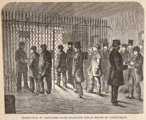 Libération des prisonniers de la maison de correction de Coldbath Fields, illustration de The Criminal Prisons of London and Scenes from Prison Life par Henry Mayhew et John Binny, pub. 1862 - English School