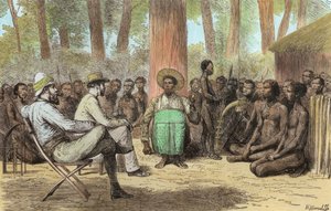 Réception du lieutenant Verney Lovett Cameron (1844-94) par Katende, gravé par Horace Harral (coloration ultérieure)