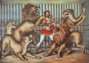 Domptage de lions, vers 1880