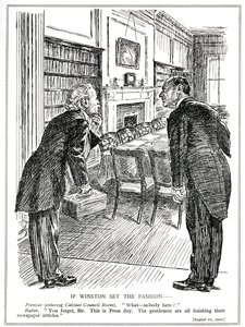 Lloyd George entre dans une salle de cabinet vide de ministres occupés à écrire des articles pour les journaux, août 1920