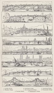 Pont de Londres, pont de Southwark, pont de Blackfriars, pont de Waterloo, nouveau pont de Hungerford, pont de Westminster, pont de Vauxhall, pont de Hammersmith (gravure) - English School