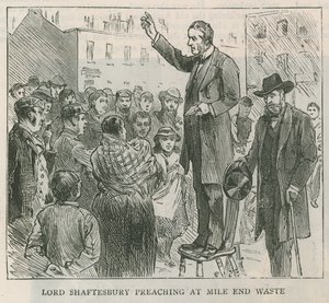 Lord Shaftesbury prêchant à Mile End Waste, Londres - English School