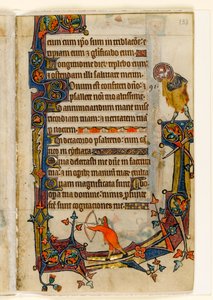 Un archer et Saint Jean-Baptiste, décoration marginale du Psautier de Macclesfield, Usage de Sarum, East Anglia, vers 1330 - English School